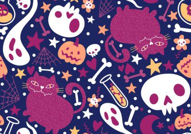 Cadılar Bayramı kedileri ve balkabakları kusursuz hayalet ve kumaşlar ve çocuk giysileri baskısı ve şenlik aksesuarları ve sonbahar ambalajı için kemik deseni. Yüksek kaliteli illüstrasyon 