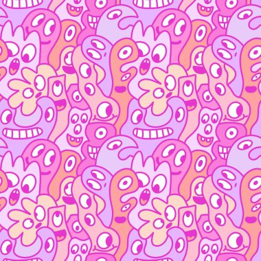 Çizgi film canavarları, ambalaj kağıtları, kumaşlar, çarşaflar, çocuk aksesuarları, moda tekstilleri ve bayram ambalajları için kusursuz bir Cadılar Bayramı deseni. Yüksek kaliteli illüstrasyon