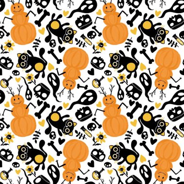 Çizgi filmlerde cadılar bayramı kediler ve balkabakları kardan adam ve kafatası ve kemik deseni ambalaj kağıdı, kumaş ve çarşaf ve çocuk baskısı ve sonbahar ve festival için. Yüksek kaliteli illüstrasyon