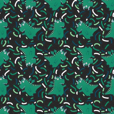 Çizgi filmlerdeki hayvanlar kağıt, kumaş, çarşaf, çocuk giysisi baskısı, dinozor ambalajı ve canavar aksesuarları için kusursuz ejderha desenleri. Yüksek kaliteli illüstrasyon