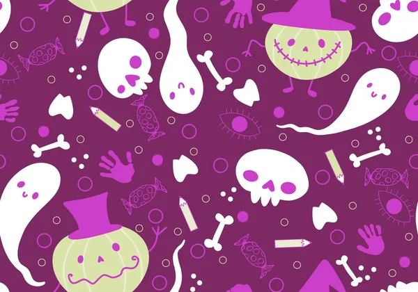 Halloween Tecknad Pumpor Sömlösa Spöke Och Dödskallar Mönster För Inslagning — Stockfoto