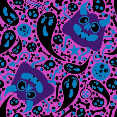 Cadılar Bayramı canavarları dikişsiz balkabakları, hayalet ve kemik desenleri kağıt, kumaş, çarşaf ve çocuk giysileri baskısı, şenlik ambalajı ve sonbahar. Yüksek kaliteli illüstrasyon