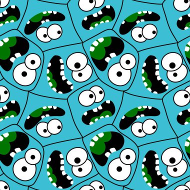 Çizgi filmci çocuklar, yüz desenli ambalaj kağıtları, çocuk kıyafetleri ve Cadılar Bayramı ambalajı kumaşları, moda tekstil ve aksesuarları olan kusursuz canavarlar. Yüksek kaliteli illüstrasyon