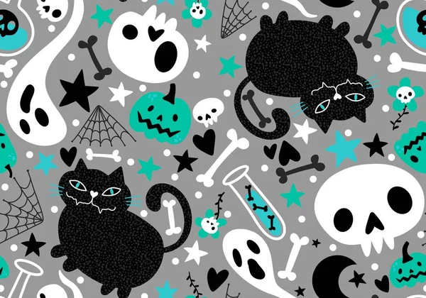 Halloween Gatos Abóboras Sem Costura Fantasma Ossos Padrão Para Papel — Fotografia de Stock