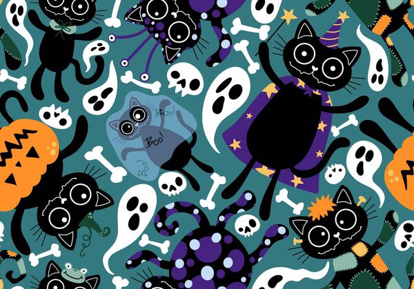 Хэллоуин кошка и тыквы бесшовный призрак и черепа и яд узор для упаковки бумаги и тканей и детской одежды печати и осенней упаковки и моды текстиля. Высокое качество иллюстрации