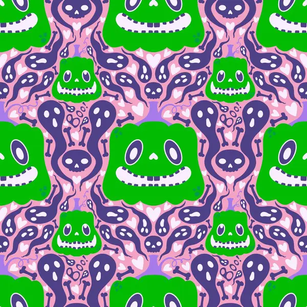 Halloween Cartoon Seamless Pumpkins Ghost Skulls Pattern Wrapping Paper Fabrics — Stock Photo, Image