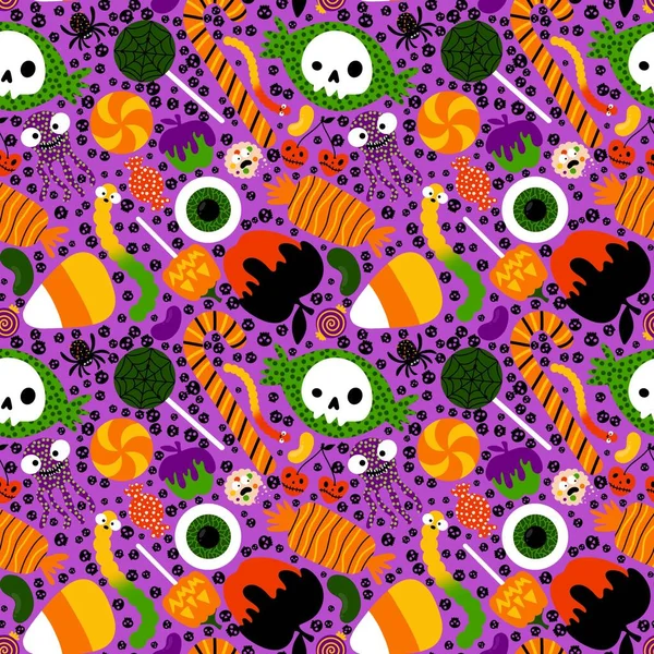 Rajzfilm Halloween Cukorka Zökkenőmentes Nyalóka Cukor Cseresznye Férgek Koponyák Minta — Stock Fotó