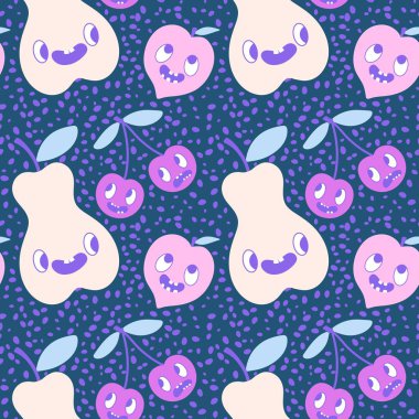 Çizgi filmdeki meyvesiz kirazlar, armutlar ve şeftali desenli ambalajlar, çocuk giysileri, tekstil ürünleri, şenlikli ambalajlar ve sonbahar aksesuarları. Yüksek kaliteli illüstrasyon