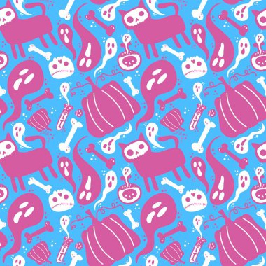 Cadılar Bayramı kedisi ve balkabağı derisi dikişsiz hayaletler ve kafatasları ve kağıt ve kumaşlar için zehir deseni ve çocuk giysileri baskısı ve sonbahar ambalajı ve moda tekstili. Yüksek kaliteli illüstrasyon