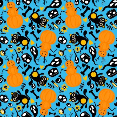 Çizgi filmlerde cadılar bayramı kediler ve balkabakları kardan adam ve kafatası ve kemik deseni ambalaj kağıdı, kumaş ve çarşaf ve çocuk baskısı ve sonbahar ve festival için. Yüksek kaliteli illüstrasyon