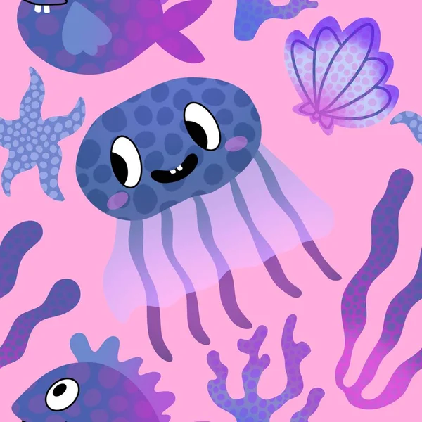 Dibujos Animados Peces Medusas Sin Costura Debe Patrón Coral Para —  Fotos de Stock