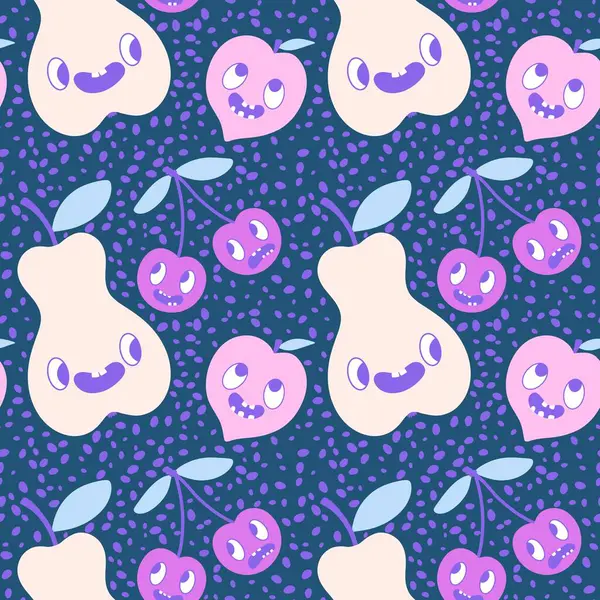 Çizgi filmdeki meyvesiz kirazlar, armutlar ve şeftali desenli ambalajlar, çocuk giysileri, tekstil ürünleri, şenlikli ambalajlar ve sonbahar aksesuarları. Yüksek kaliteli illüstrasyon