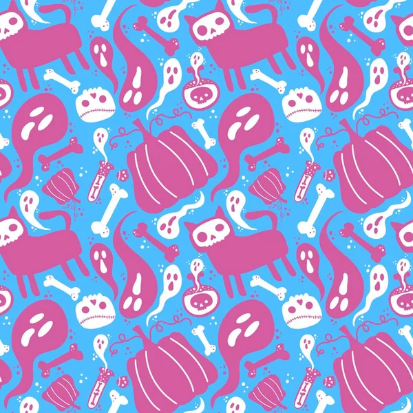 Cadılar Bayramı kedisi ve balkabağı derisi dikişsiz hayaletler ve kafatasları ve kağıt ve kumaşlar için zehir deseni ve çocuk giysileri baskısı ve sonbahar ambalajı ve moda tekstili. Yüksek kaliteli illüstrasyon