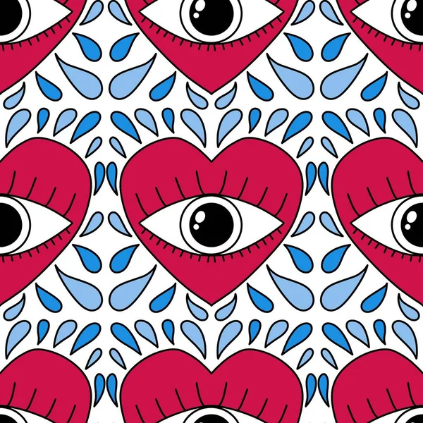 Karikatür retro sevgililer günü kartları, kumaşları, çarşafları, çocuk baskılarını, moda tekstillerini, şenlikli aksesuarları ve ambalajları paketlemek için kusursuz gözler ve kalpler deseni. Yüksek kaliteli illüstrasyon