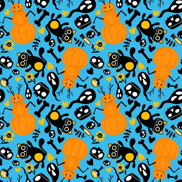 Çizgi filmlerde cadılar bayramı kediler ve balkabakları kardan adam ve kafatası ve kemik deseni ambalaj kağıdı, kumaş ve çarşaf ve çocuk baskısı ve sonbahar ve festival için. Yüksek kaliteli illüstrasyon