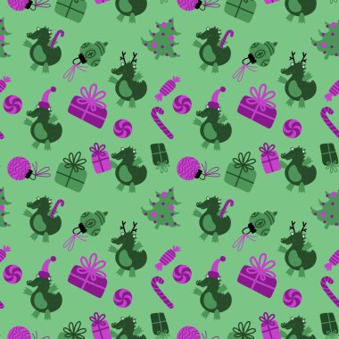 Yeni yıl ejderhaları, Noel dinozor desenli ambalajsız ambalajsız Noel dinozor desenleri ve çocuk kıyafetleri baskısı, şenlikli ambalajlar, kumaşlar ve Noel aksesuarları. Yüksek kaliteli illüstrasyon