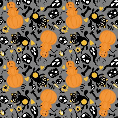Çizgi filmlerde cadılar bayramı kediler ve balkabakları kardan adam ve kafatası ve kemik deseni ambalaj kağıdı, kumaş ve çarşaf ve çocuk baskısı ve sonbahar ve festival için. Yüksek kaliteli illüstrasyon