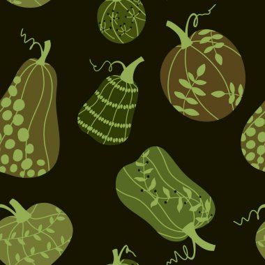Cadılar Bayramı balkabaklarının dikişsiz sonbahar hasat şablonu kağıt, kumaş, çocuk aksesuarları, mutfak tekstili ve şenlikli paketleme için sebze deseni. Yüksek kaliteli illüstrasyon