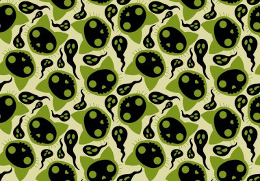 Cadılar Bayramı kedisi ve balkabağı derisi dikişsiz hayaletler ve kafatasları ve kağıt ve kumaşlar için zehir deseni ve çocuk giysileri baskısı ve sonbahar ambalajı ve moda tekstili. Yüksek kaliteli illüstrasyon