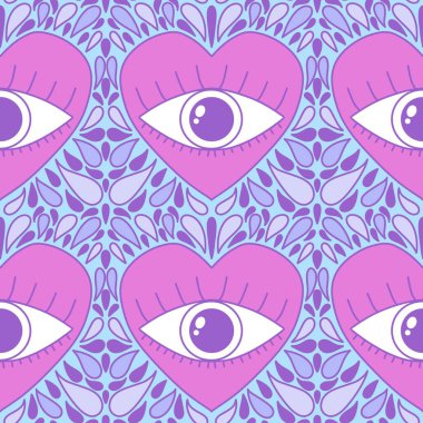 Karikatür retro sevgililer günü kartları, kumaşları, çarşafları, çocuk baskılarını, moda tekstillerini, şenlikli aksesuarları ve ambalajları paketlemek için kusursuz gözler ve kalpler deseni. Yüksek kaliteli illüstrasyon