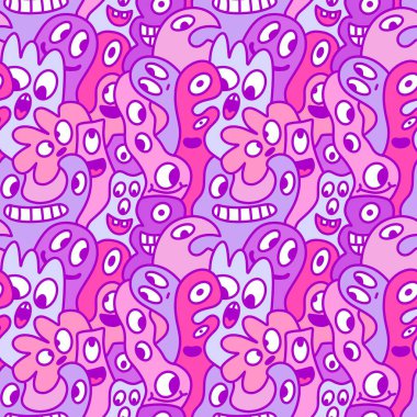 Çizgi film canavarları, ambalaj kağıtları, kumaşlar, çarşaflar, çocuk aksesuarları, moda tekstilleri ve bayram ambalajları için kusursuz bir Cadılar Bayramı deseni. Yüksek kaliteli illüstrasyon