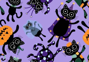 Cadılar Bayramı kedisi ve balkabağı derisi dikişsiz hayaletler ve kafatasları ve kağıt ve kumaşlar için zehir deseni ve çocuk giysileri baskısı ve sonbahar ambalajı ve moda tekstili. Yüksek kaliteli illüstrasyon