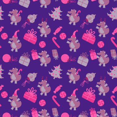 Yeni yıl ejderhaları, Noel dinozor desenli ambalajsız ambalajsız Noel dinozor desenleri ve çocuk kıyafetleri baskısı, şenlikli ambalajlar, kumaşlar ve Noel aksesuarları. Yüksek kaliteli illüstrasyon