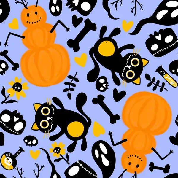 Cartoon Doodle Halloween Varrat Nélküli Macskák Tök Hóember Koponyák Csontok — Stock Fotó