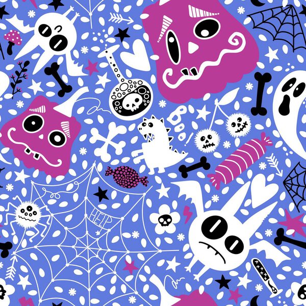 Хэллоуинские мультяшные тыквы бесшовные летучая мышь и призрак и конфеты и веб-шаблон для упаковки бумаги и тканей и детей печати и осенние аксессуары и праздничная упаковка. Высокое качество иллюстрации