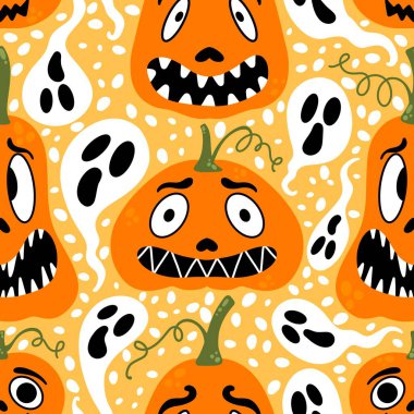 Çizgi film retro sebze hasadı dikişsiz Cadılar Bayramı balkabağı deseni kağıt, kumaş, çarşaf, çocuk baskısı, şenlikli ambalaj ve sonbahar aksesuarları. Yüksek kaliteli illüstrasyon