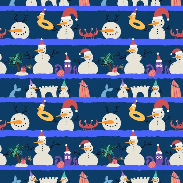 圣诞海滩上的雪人图案天衣无缝 用于包装纸 亚麻布和童装 印花服装 新年饰品和节日包装 高质量的例证 — 图库照片