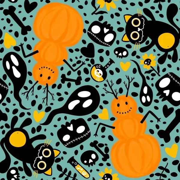 Cartoon Doodle Halloween Naadloze Katten Pompoenen Sneeuwpop Schedels Botten Patroon — Stockfoto