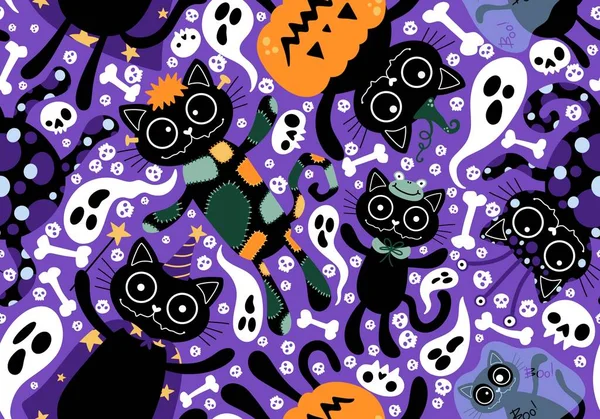 Halloween Kot Dynie Bezszwowe Duch Czaszki Wzór Trucizny Pakowania Papieru — Zdjęcie stockowe