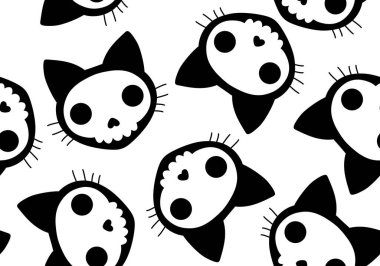 Cadılar Bayramı kedisi ve balkabağı derisi dikişsiz hayaletler ve kafatasları ve kağıt ve kumaşlar için zehir deseni ve çocuk giysileri baskısı ve sonbahar ambalajı ve moda tekstili. Yüksek kaliteli illüstrasyon