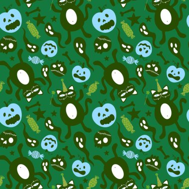 Cadılar Bayramı karikatürleri, balkabakları, dikişsiz kedi, kafatası ve hayalet desenleri kağıt, kumaş ve çocuk giysileri baskısı ve sonbahar ambalajı ve şenlikli aksesuarlar. Yüksek kaliteli illüstrasyon