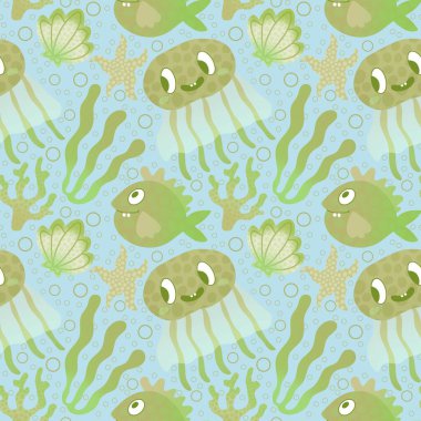 Çizgi filmlerdeki dikişsiz denizanaları ve kumaşlar ve ambalaj kağıtları için mercan desenleri ve çocuk kıyafetleri baskısı ve festival ambalajları ve yaz aksesuarları. Yüksek kaliteli illüstrasyon