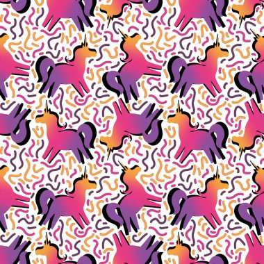 Çizgi filmlerdeki sihirli hayvanlar kağıt, kumaş, çarşaf ve çocuk giysileri baskısı, şenlik ambalajları ve doğum günü aksesuarları için tek boynuzlu at desenleri. Yüksek kaliteli illüstrasyon