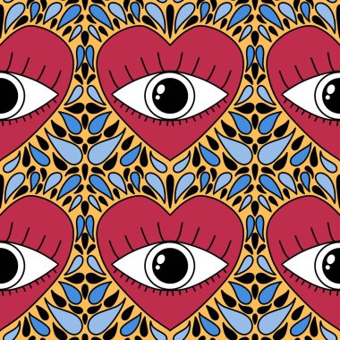 Karikatür retro sevgililer günü kartları, kumaşları, çarşafları, çocuk baskılarını, moda tekstillerini, şenlikli aksesuarları ve ambalajları paketlemek için kusursuz gözler ve kalpler deseni. Yüksek kaliteli illüstrasyon