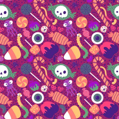 Çizgi film cadılar bayramı şekerleri dikişsiz lolipop, vişne şekeri, kurtçuklar, kafatası desenleri ve çocuk giysileri baskısı, sonbahar aksesuarları ve şenlik ambalajı. Yüksek kaliteli illüstrasyon