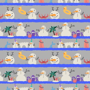 Plajda kusursuz kardan adam desenli bir Noel paket kâğıdı, kumaş, çarşaf ve çocuk giysileri baskısı, yeni yıl aksesuarları ve şenlikli ambalajlar için. Yüksek kaliteli illüstrasyon