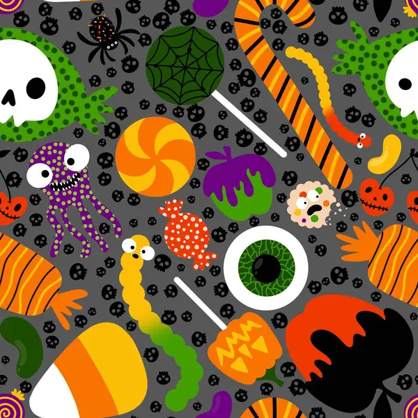 Cartoon Halloween Candy Seamless Lollipop Sugar Cherry Worms Skulls Pattern — Stock Photo, Image