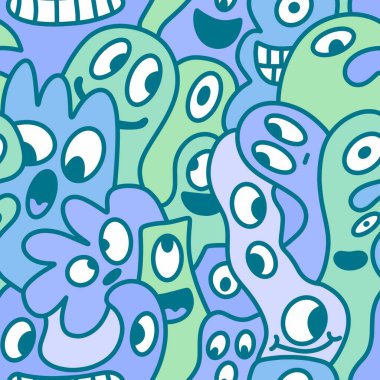 Çizgi film canavarları, ambalaj kağıtları, kumaşlar, çarşaflar, çocuk aksesuarları, moda tekstilleri ve bayram ambalajları için kusursuz bir Cadılar Bayramı deseni. Yüksek kaliteli illüstrasyon