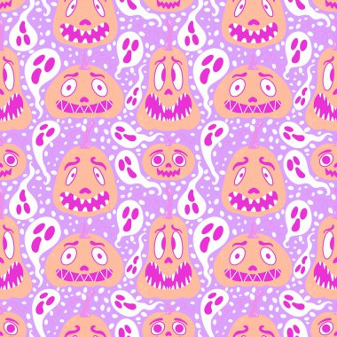 Çizgi film retro sebze hasadı dikişsiz Cadılar Bayramı balkabağı deseni kağıt, kumaş, çarşaf, çocuk baskısı, şenlikli ambalaj ve sonbahar aksesuarları. Yüksek kaliteli illüstrasyon