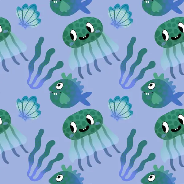 Kreslené Ryby Bezešvé Medúzy Musí Korálové Vzory Pro Tkaniny Balicí — Stock fotografie
