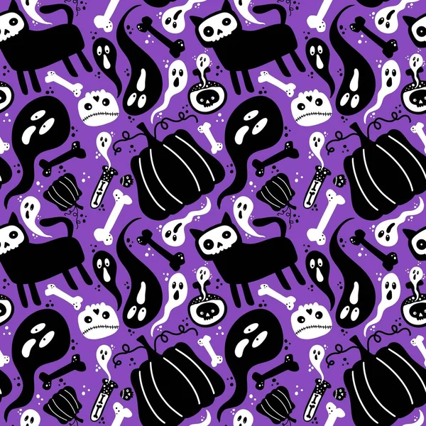 Gato Halloween Calabazas Fantasma Sin Costuras Calaveras Patrón Veneno Para — Foto de Stock