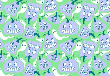 Çocuk giysileri, ambalaj kağıtları, moda tekstil ürünleri, şenlikli kumaşlar, sonbahar ambalajları ve aksesuarları için çizgi filmlerdeki kusursuz Cadılar Bayramı balkabağı desenleri. Yüksek kaliteli illüstrasyon