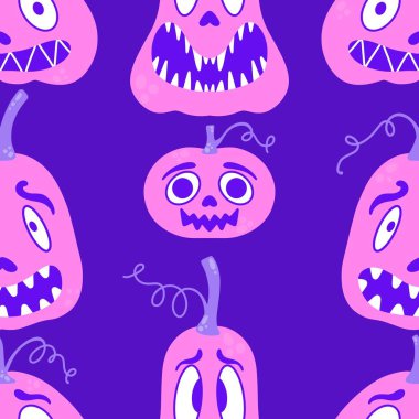 Çizgi film retro sebze hasadı dikişsiz Cadılar Bayramı balkabağı deseni kağıt, kumaş, çarşaf, çocuk baskısı, şenlikli ambalaj ve sonbahar aksesuarları. Yüksek kaliteli illüstrasyon