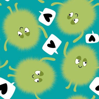 Çizgi film canavarları kağıt, kumaş, çarşaf, çocuk giysisi baskısı, şenlikli aksesuarlar ve anaokulu tekstil ürünleri için kusursuz tüysüz uzaylı desenleri. Yüksek kalite fotoğraf