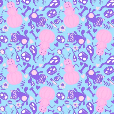 Çizgi filmlerde cadılar bayramı kediler ve balkabakları kardan adam ve kafatası ve kemik deseni ambalaj kağıdı, kumaş ve çarşaf ve çocuk baskısı ve sonbahar ve festival için. Yüksek kaliteli illüstrasyon