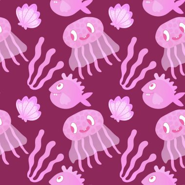 Çizgi filmlerdeki dikişsiz denizanaları ve kumaşlar ve ambalaj kağıtları için mercan desenleri ve çocuk kıyafetleri baskısı ve festival ambalajları ve yaz aksesuarları. Yüksek kaliteli illüstrasyon